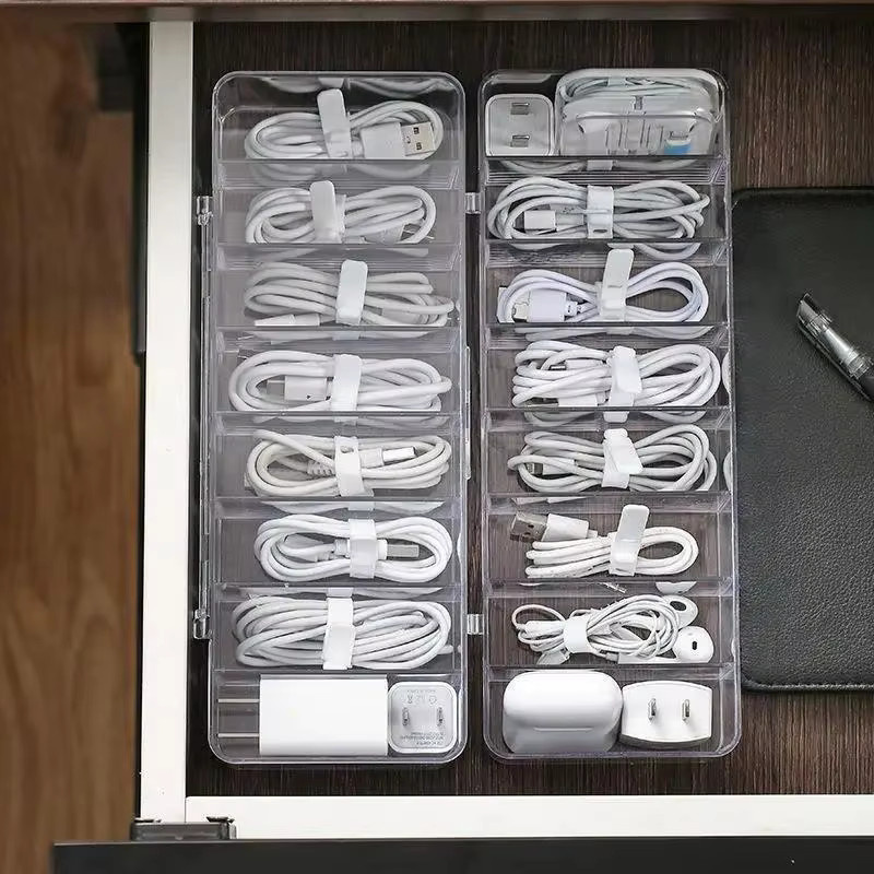 Multifunktionaler Schreibtisch-Organizer aus transparentem Kunststoff mit mehreren Fächern für Kopfhörer und Datenkabel - Bild 4