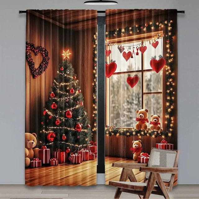 2er-Set Weihnachtsvorhänge mit Schneeflocken und Elf-Motiv in Braun, B/H: 75 x 166 cm - Bild 1