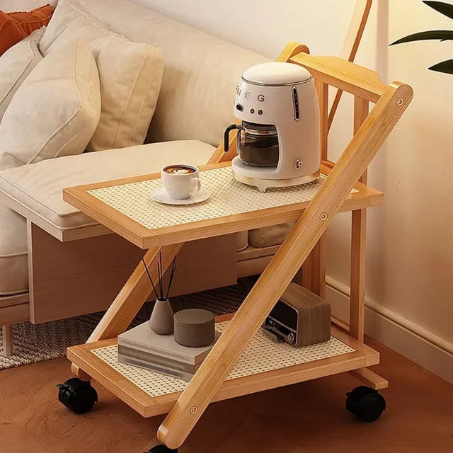 LIUSHADUOLA Faltbarer Nachttisch mit Rollen in Beige, 2-stöckiger Couchtisch und Sofa-Bücherregal aus Holz für dein Schlafzimmer - Bild 1