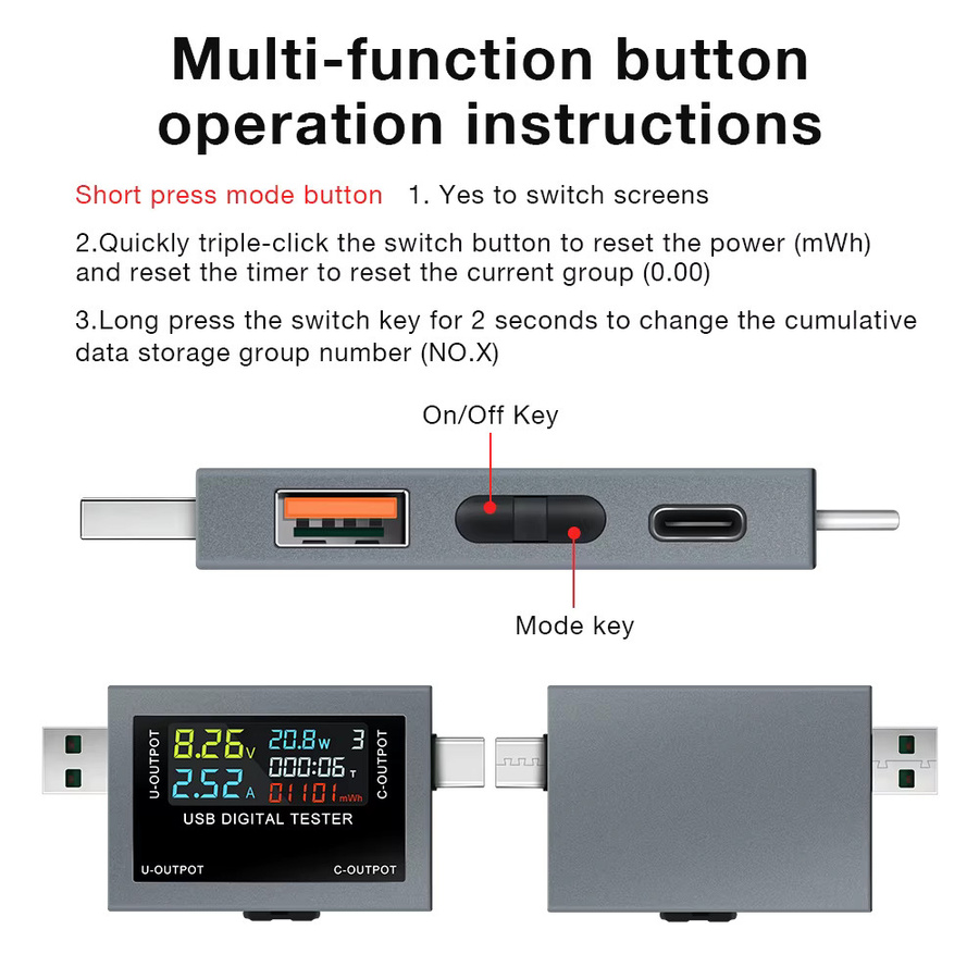 USB Typ-C Tester DC4-30V Digitales Voltmeter und Amperemeter zur Messung von Spannung, Strom und Leistung sowie zur Prüfung der Batteriekapazität in Schwarz und Grau - Bild 5