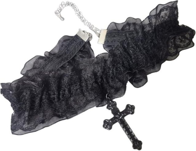 Suansuande Halskette, Spitzen-Choker, Kruzifix-Anhänger, Schwarz, Damen - Bild 1