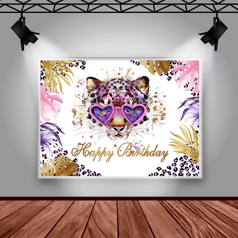 Mocsicka Fotohintergrund Alles Gute zum Geburtstag in Lila mit Leopard-Print für Party und Studiofotografie - Bild 2