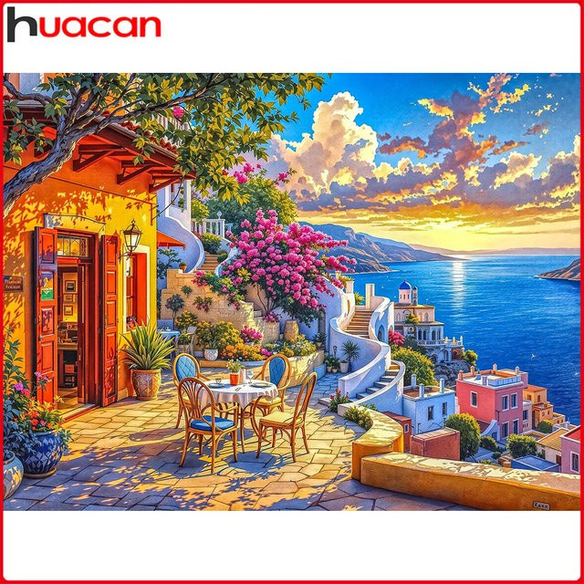 Huacan 5D-Diamantgemälde Set Mediterranean Landschaft mit Meer und Sonnenuntergang, Multicolour, Round - Bild 1