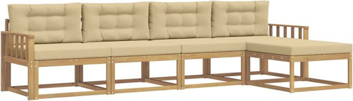 vidaXL Outdoor-Sofagarnitur aus Akazie und Polyester mit Kissen in Weiß, Beige und Braun, 4-teiliges Loungemöbel-Set, B/T/H: 162,5 x 162,5 x 73 cm - Bild 1