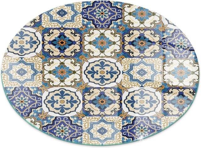 Tulup Runde Glasplatte für Kamin mit blauem Blumen-Mosaikmuster, Durchmesser: 60 cm - Bild 1