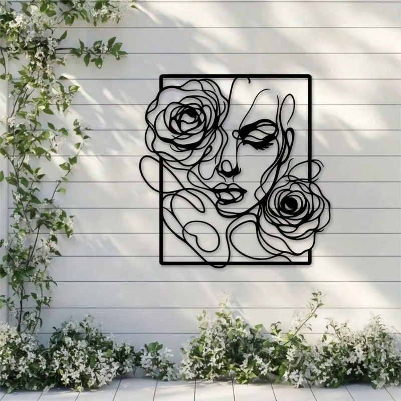 Schwarze Metall-Wandkunst von CIFBUY – Elegante Silhouette einer Frau mit Rosen als wasserfeste Wanddekoration - Bild 4
