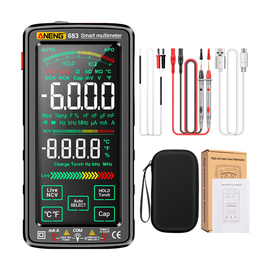 ANENG 683 Digitalmultimeter mit großem Touchscreen, intelligentes Universalmessgerät mit 6000 Counts, NCV-Tester und Anti-Verbrennungs-Schutz, Schwarz - Bild 3
