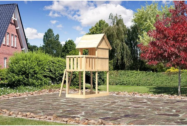 Karibu Spielturm Frieda Set mit Anbau aus Holz in Natur und Beige, B/H/T: 137 x 291 x 119 cm - Bild 1