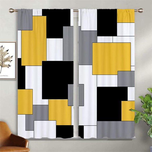 Yiran Furniture Moderne abstrakte Kunstvorhänge mit quadratischem Design, 2er-Set, Mehrfarbig, Polyester, semi-transparent, Breite: 50 cm, Höhe: 130 cm - Bild 1
