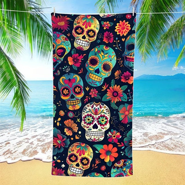 JMG Household Supplies Strandtuch Zucker Totenkopf aus Mikrofaser, Sandfrei und Schnelltrocknend, Mehrfarbig, B/H: 50 x 100 cm - Bild 1