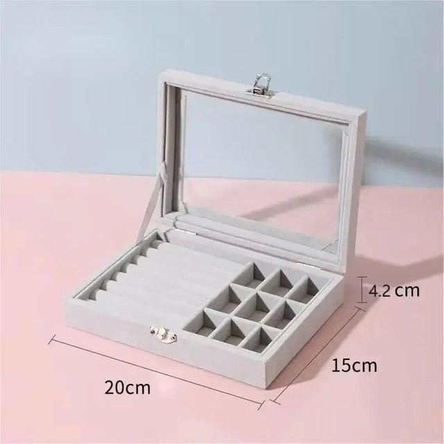 Elegant Living House Schmuckaufbewahrungsbox aus grauem Samt mit transparenter Präsentationsfläche zur Organisation von Ohrringen, Ringen und Halsketten - Bild 1