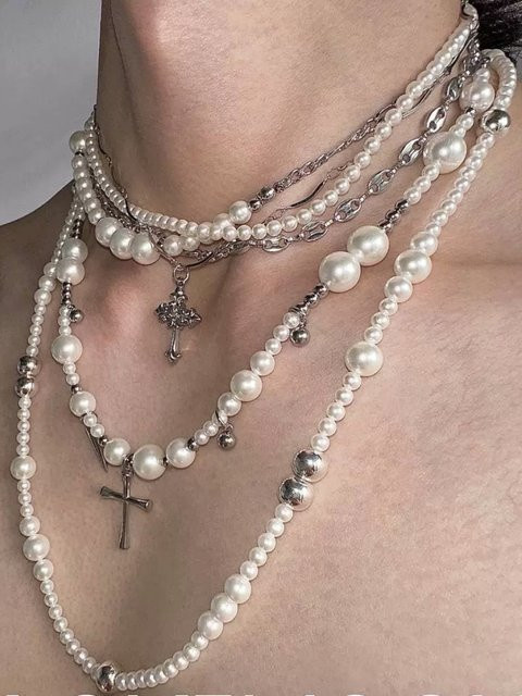 EDY STONE Halskette, Edelstahl, Perle, Kreuz-Anhänger, Silber, Unisex - Bild 1