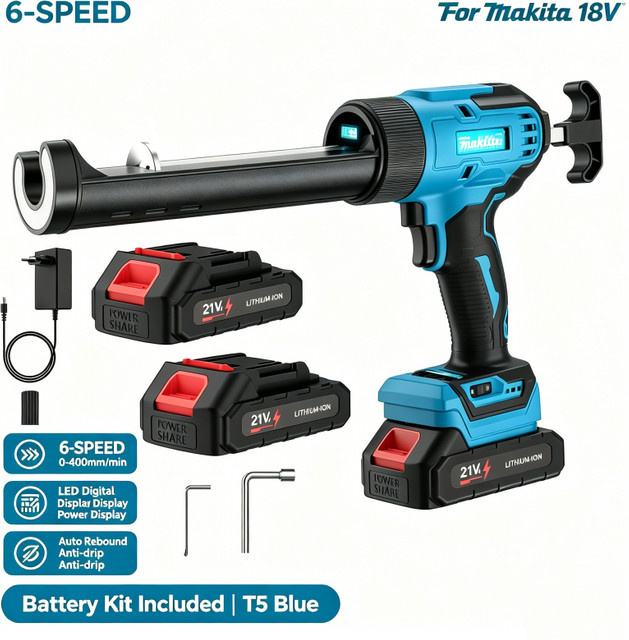 WUIETI Akku-Fugenpistole in Blau mit Digitalanzeige, LED-Licht und 6-Gang-Einstellung für 300-ml-Tintenpatronen - Bild 1