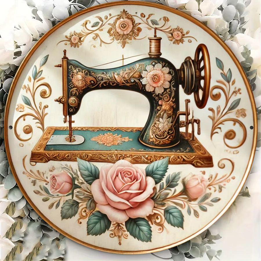 Potdemiel Vintage Wandkunst Nähmaschine mit floralem Rosenmuster aus Metall, B/H: 19,81 x 19,81 cm, Mehrfarbig - Bild 4