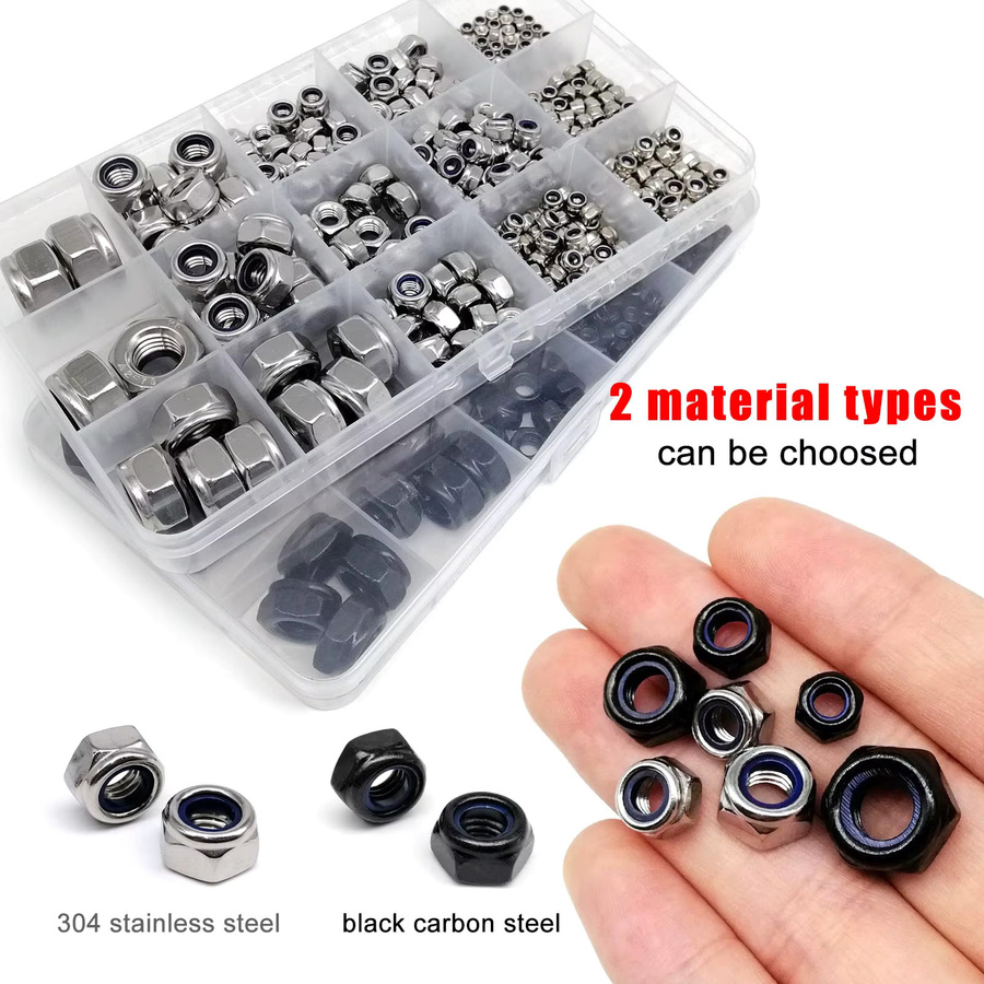 HZYUEGOU Set Selbstsichernde Muttern M2 bis M12 aus 304 Edelstahl und schwarzem Stahl, 357/200/162 Stück Mix Kit DIN985 Sechskant-Nylock-Sicherungsmutter - Bild 2