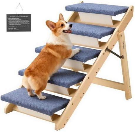 VEVOR Hundetreppe aus Kiefernholz, 5-stufige klappbare Haustiertreppe für Hunde und Katzen, B/T/H: 78 x 47 x 66 cm
