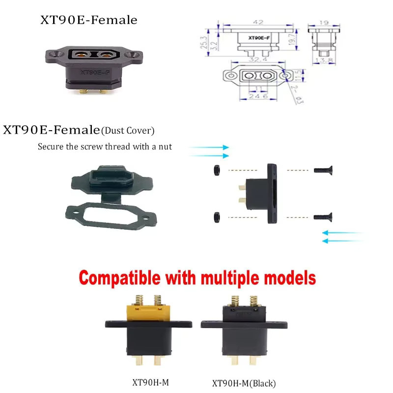 XT90E-F und XT90E-M Anschlussstecker für Panel und Montagesockel mit Staubschutz, Schwarz - Bild 3