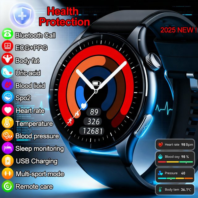 OUIO Smartwatch für iOS mit EKG, PPG, Blutdruck-, Harnsäure- und Blutsauerstoff-Überwachung in Schwarz - Bild 1