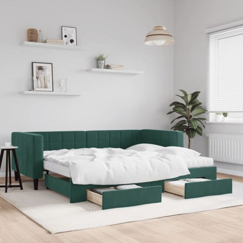 Ausziehbares Funktionsbett Vidaxl mit Schubladen aus Samt und Metall in Grün, B/T/H: 90 x 200 cm - Bild 1