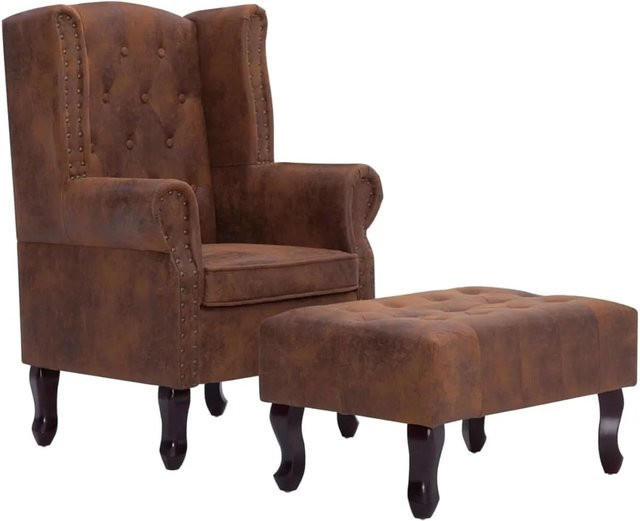 vidaXL Chesterfield-Sessel mit Fußhocker in Braun mit Wildleder-Optik und Holzrahmen - Bild 1