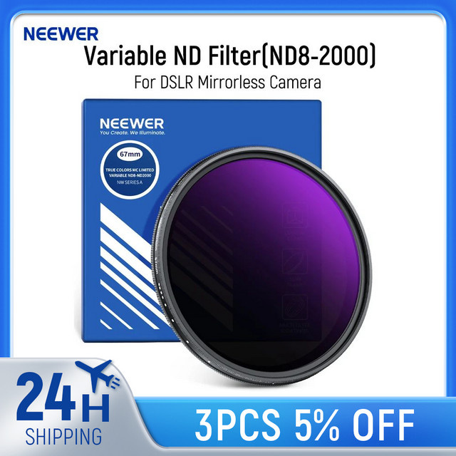NEEWER Variabler ND-Filter ND8-2000 in Schwarz mit True Color und Hard Stop für DSLR- und spiegellose Kameras (3-11 Stopps) - Bild 1