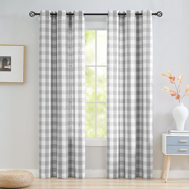 2er-Set klassische karierte Schlaufenvorhänge von Household supplies MH, halbtransparent, modern, Breite: 101 cm, Höhe: 137 cm - Bild 1