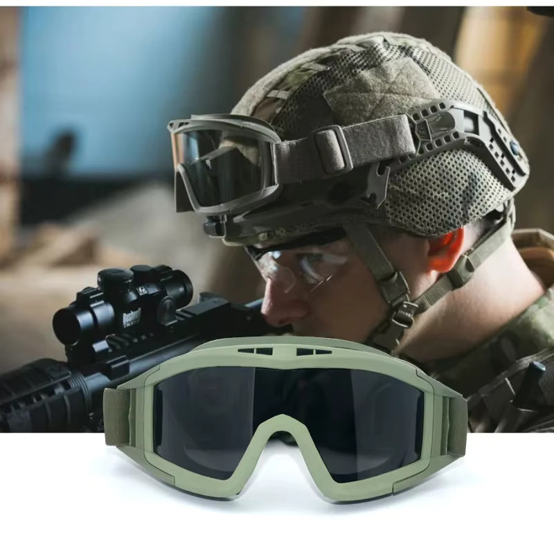 Taktische Outdoor Airsoft Schutzbrille mit 3 Linsen in Schwarz, wind- und staubbeständig für Schießen, Motocross und Bergsteigen - Bild 2