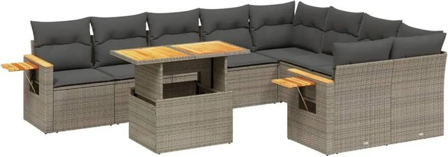 vidaXL 10-teilige Garten-Sofagarnitur aus Poly-Rattan und Akazienholz in Grau mit Kissen - Bild 1