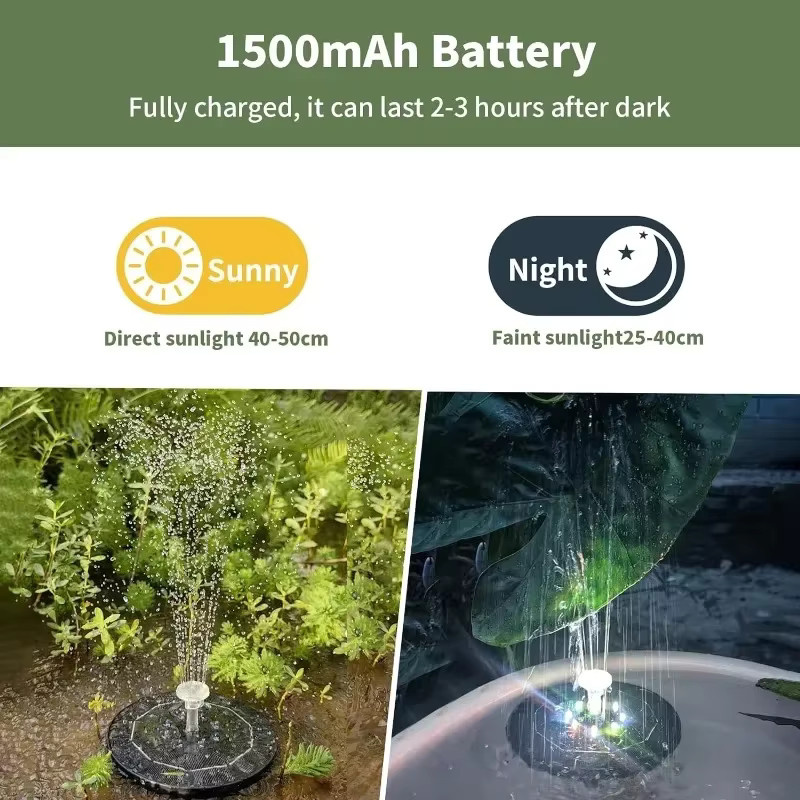 Solar-Brunnen mit 7 Farben LED-Licht und 6 Düsen für den Garten, Multicolour, Schwarz - Bild 2