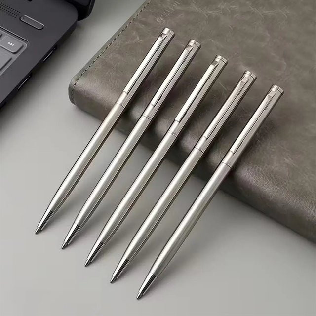 5er Set elegante Kugelschreiber aus silbernem Edelstahl mit mittlerer Spitze - Bild 1