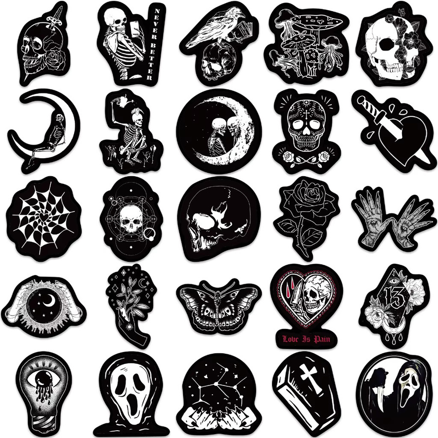50 Stück wasserfeste Gothic-Horror-Aufkleber in Schwarz von Golden Memory Stickers Store für Skateboard, Laptop und Helm - Bild 3