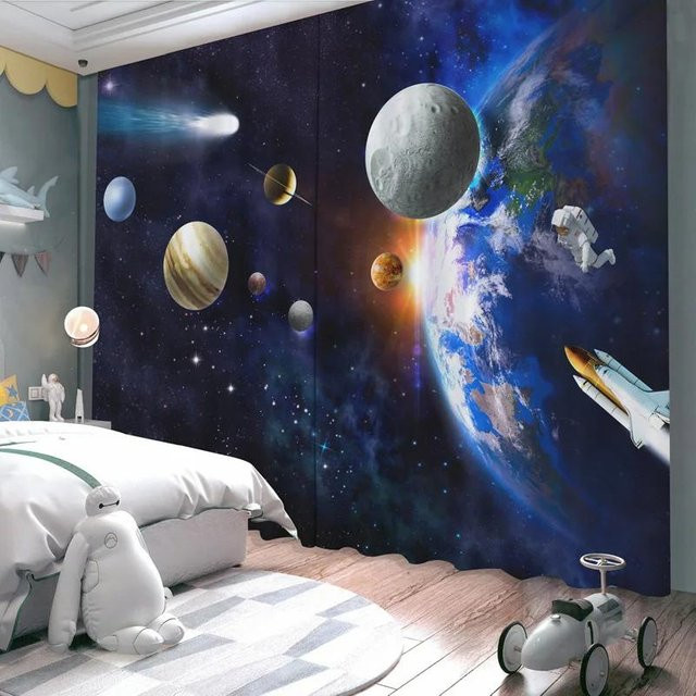 Yiran Furniture Blackout Vorhang für Kinderzimmer mit Astronaut-Motiv, Blau, 2er-Set, Breite: 80 cm, Höhe: 185 cm - Bild 1