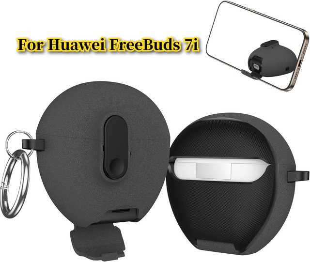 Schutzhülle für Huawei FreeBuds 7i mit Telefonständer und Magnetverschluss, Stoßfeste TPU Hülle mit Haken, Schwarz - Bild 1