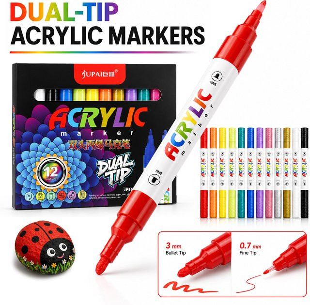 Doppelseitige Acryl-Farbmarker mit 12 lebendigen Farben für Stoff, Glas, Metall, Keramik und Holz - Bild 1