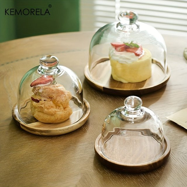 KEMORELA Bambus-Kuchenständer mit Glasdeckel als staubdichtes Serviertablett für Desserts, Obst und Snacks - Bild 1