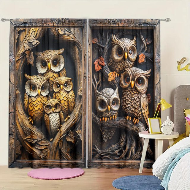 2er-Set Vintage Vorhänge mit Eulen-Print in Braun, halbtransparent mit Stangentasche, Breite: 107 cm, Höhe: 160 cm - Bild 1