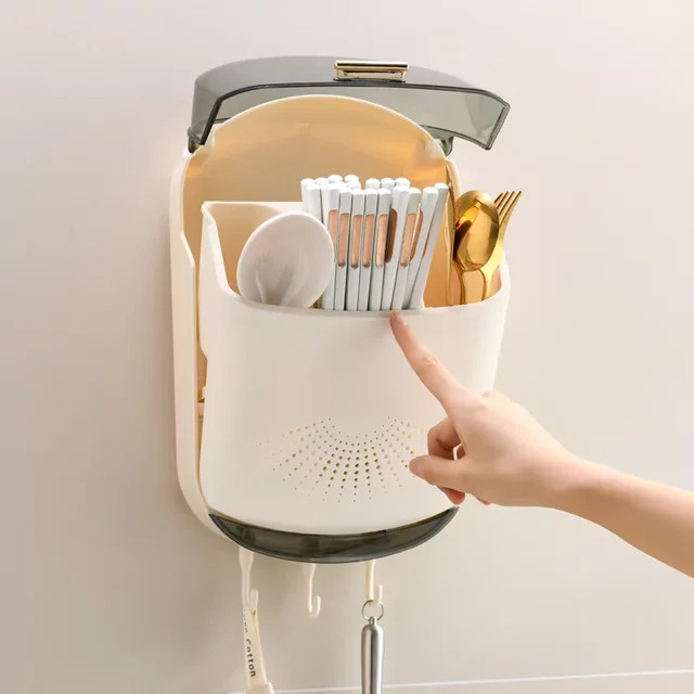 Wandmontierbare Aufbewahrungsbox für Küchenbesteck mit Deckel und Abflussfunktion, Organizer für Löffel und Essstäbchen aus Kunststoff, Weiß oder Grün, B/T/H: 35,0 x 21,0 cm - Bild 1