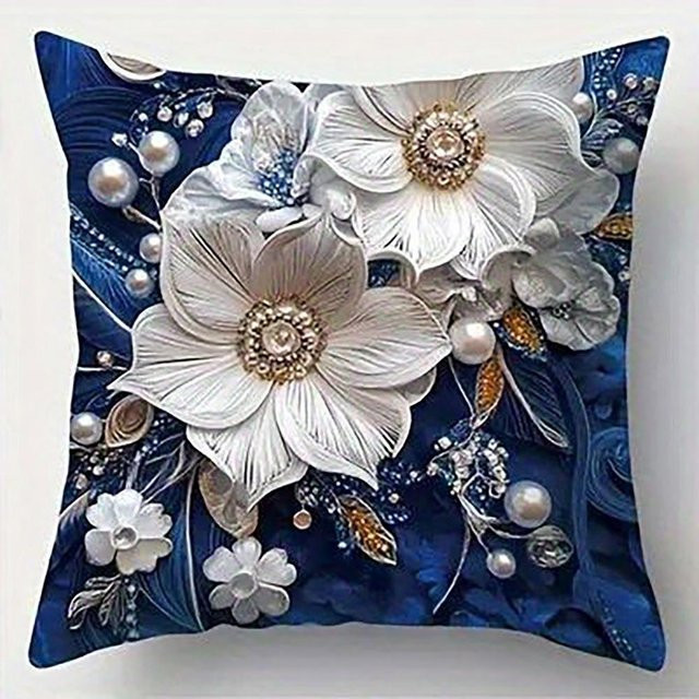 JMG Clothing Kissenbezug Blau mit floralem Design, Perlen und Kristallen, B/B: 45 x 45 cm - Bild 1