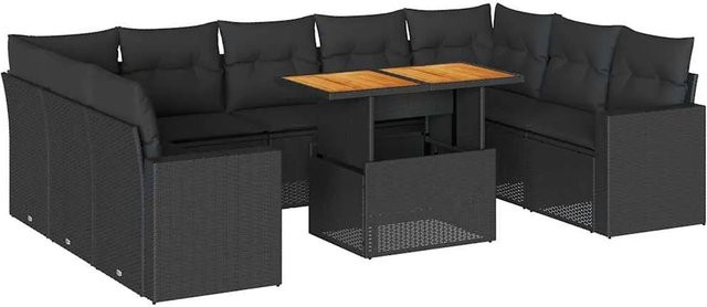 vidaXL 10-tlg. Garten-Sofagarnitur aus Poly-Rattan und Akazienholz in Schwarz mit UV-beständigen Kissen - Bild 1