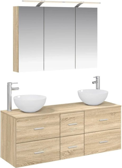 vidaXL Badezimmermöbel-Set 4-teilig in Sonoma-Eiche mit Waschtischunterschrank und Spiegelschrank, modern, Braun, mit LED-Beleuchtung und Glasfronten - Bild 1