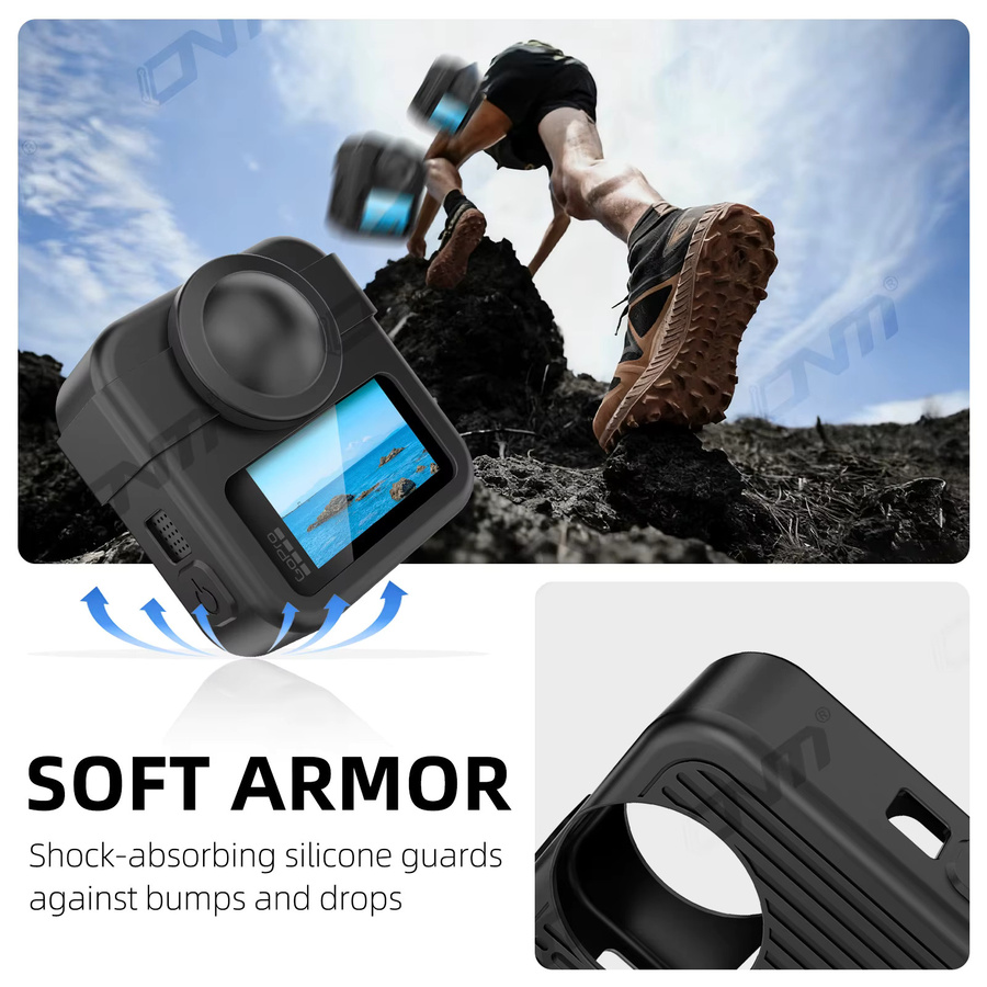 Stoßfeste Silikonhülle für GoPro Max2 in Schwarz mit Schutz für Batteriefach und Objektivdeckel - Bild 2