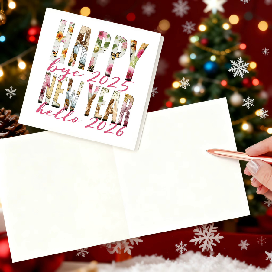 2er Set Neujahrsgrußkarte 2026 mit Umschlag, quadratische Grußkarte aus Papier in Rot und Mehrfarbig, Unisex-Design - Bild 3