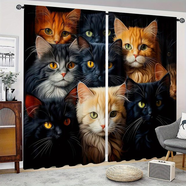 Yiran Furniture Semi Blackout Vorhänge mit Katzen-Print, 2er-Set, Schwarz/Mehrfarbig, B: 50 cm, H: 100 cm - Bild 1