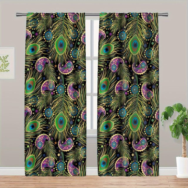2-teiliges Set halbtransparente Vorhänge mit Pfauenfedern-Druck im böhmischen Stil aus Polyester, Mehrfarbig, Breite: 100 cm, Höhe: 160 cm - Bild 1