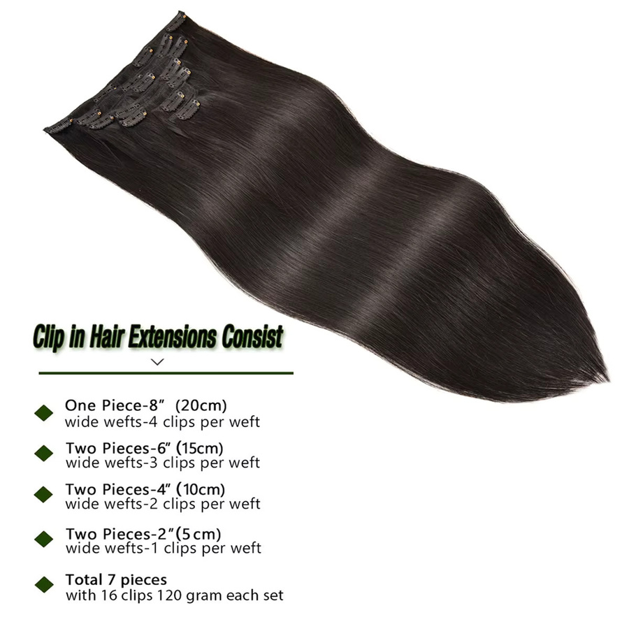 CC YOUNG Clip-in-Haarverlängerungen, echtes menschliches Haar, 7 Stück, natürliches Schwarz, gerade - Bild 3