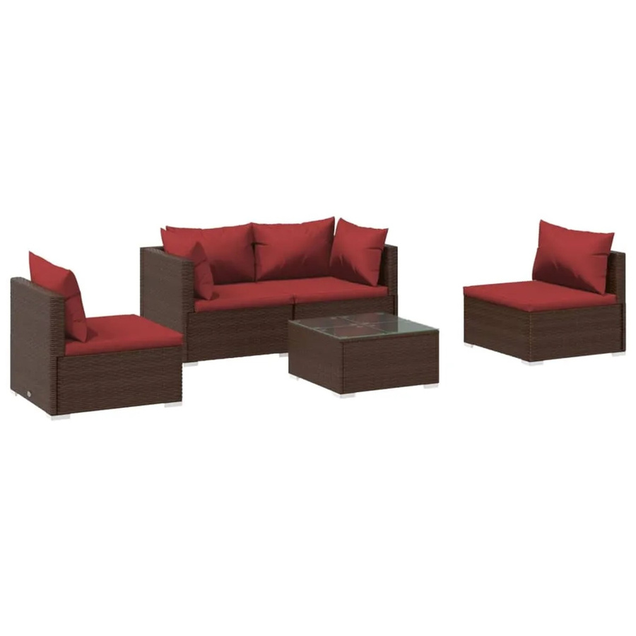 vidaXL 5-tlg Garten-Lounge-Set in L-Form aus Poly Rattan mit Kissen in Braun und Rot - Bild 2