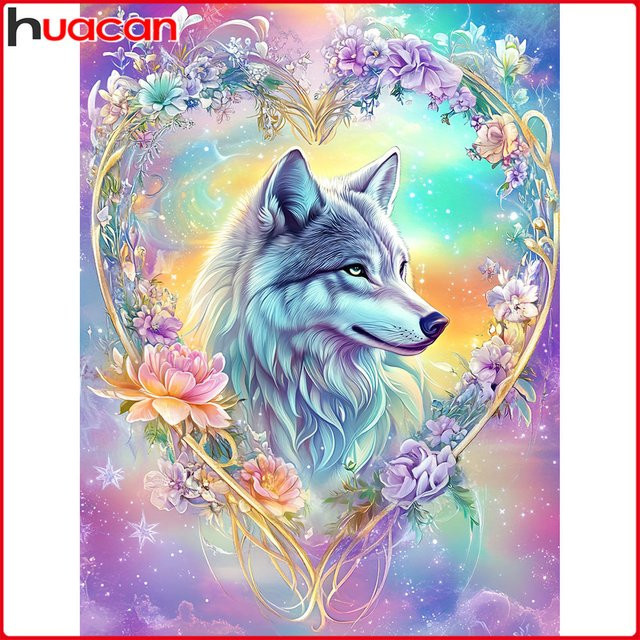 Huacan 5D Diamantgemälde Wolf Mosaik Tierbild aus Strass, rund, multicolour, Durchmesser: 20 cm x 30 cm - Bild 1