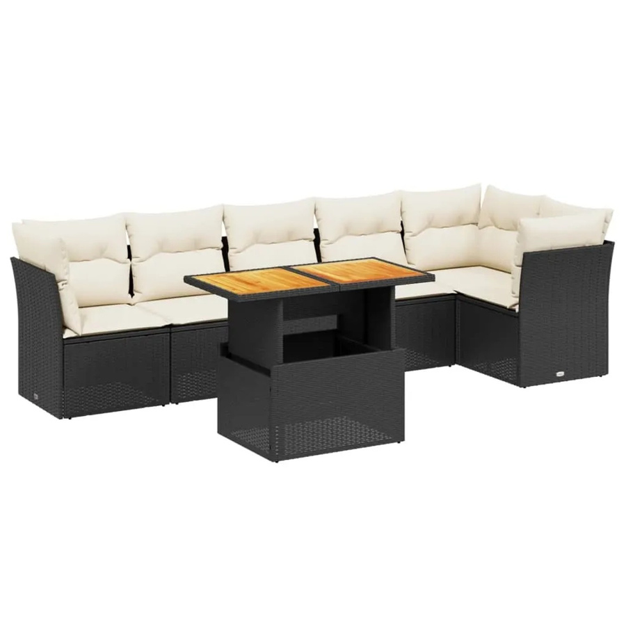 vidaXL 7-teilige Garten-Sofagarnitur in L-Form aus Poly-Rattan und Akazienholz mit Kissen in Schwarz und Cremeweiß - Bild 2