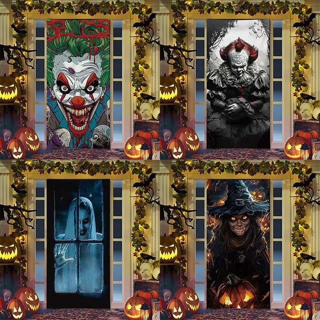 VIKAMA Halloween Horror Türbanner mit Clown und Skull Ghost als Partydekoration, Mehrfarbig, B: 90 cm, H: 180 cm - Bild 1