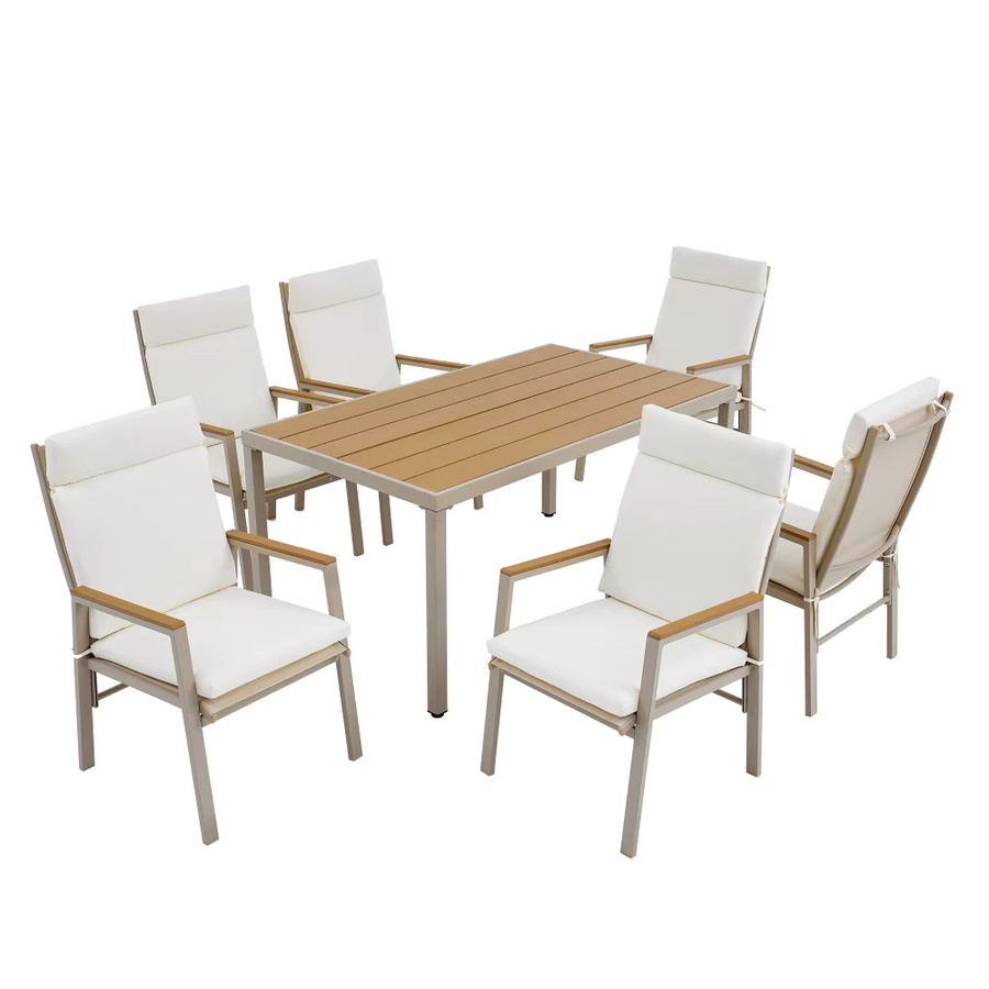 PINGGO Garten-Essgruppe für 6 Personen mit Tisch und Stühlen aus verzinktem Eisen und Kunststoff-Holz-Tischplatte in Khaki und Beige - Bild 2